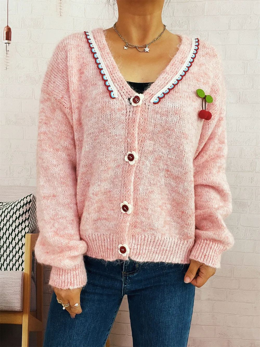 Cherry Button-Front Long Sleeve Cardigan, image 3