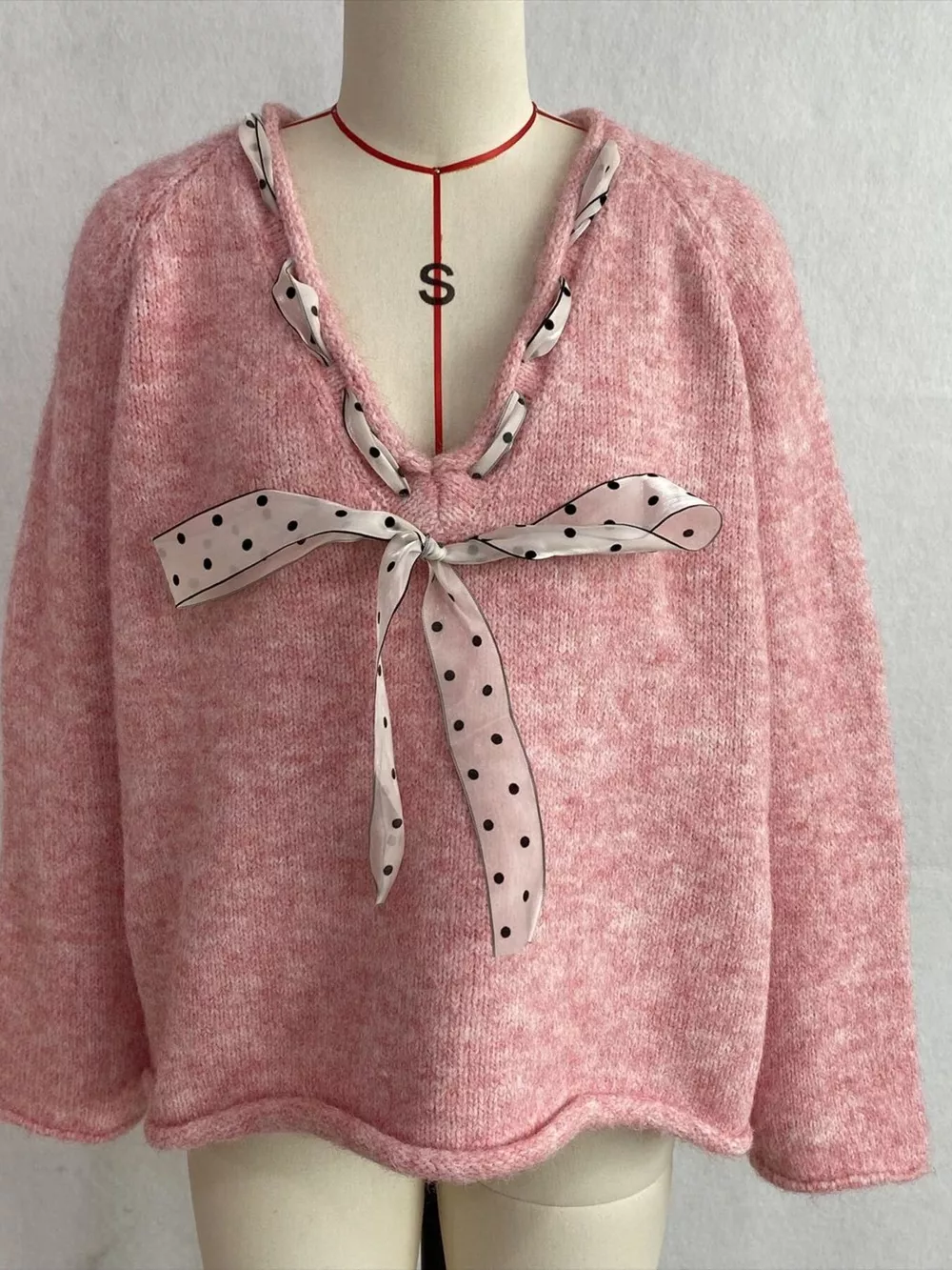 Chic V-Neck Sweater with Polka Dot Ribbon Tie, image 12