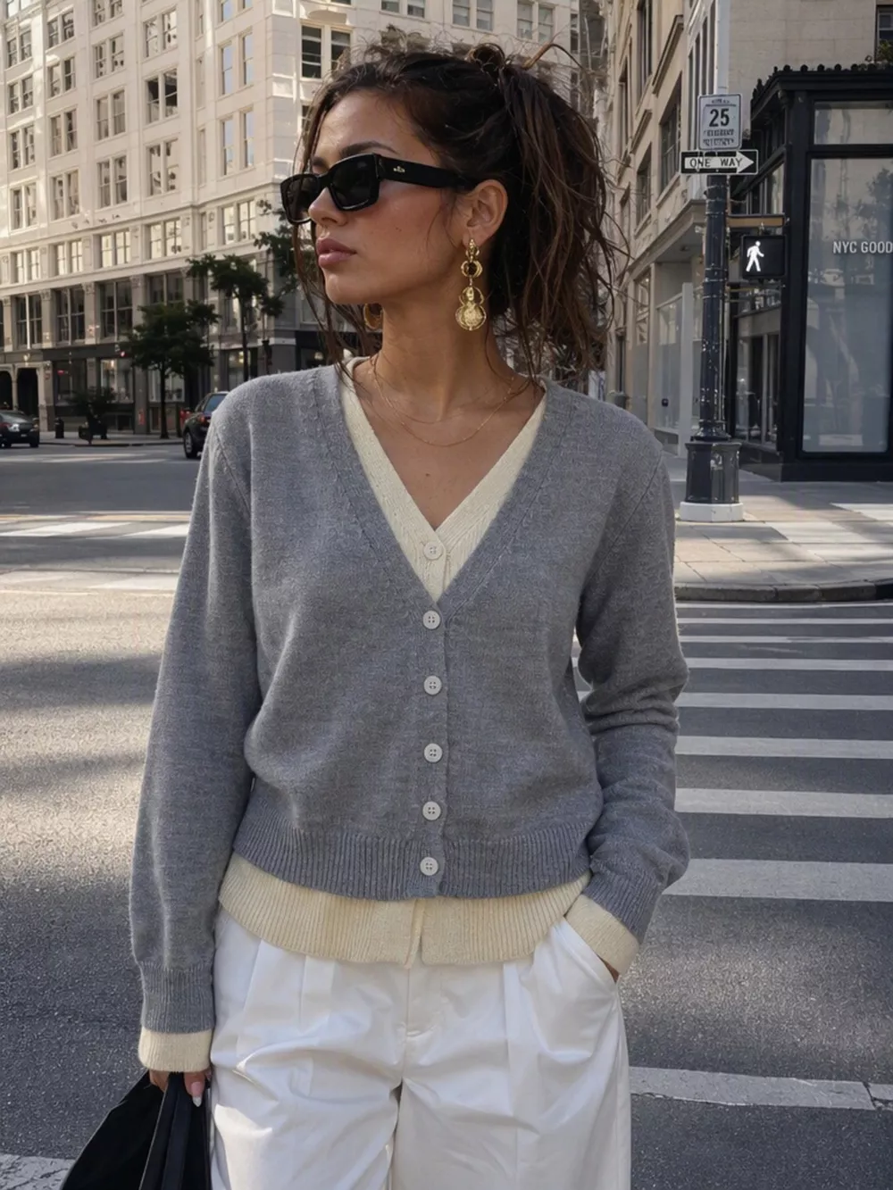 V-Neck Button-Down Contrast Layered Cardigan, image 3