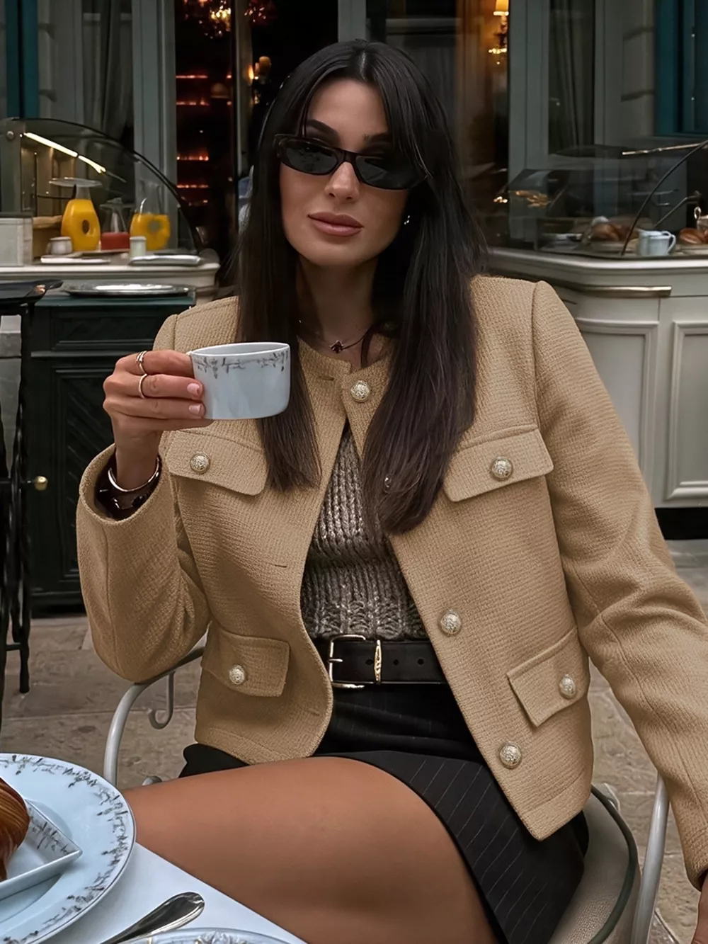 Textured Cropped Jacket with Gold-Tone Button, image 2