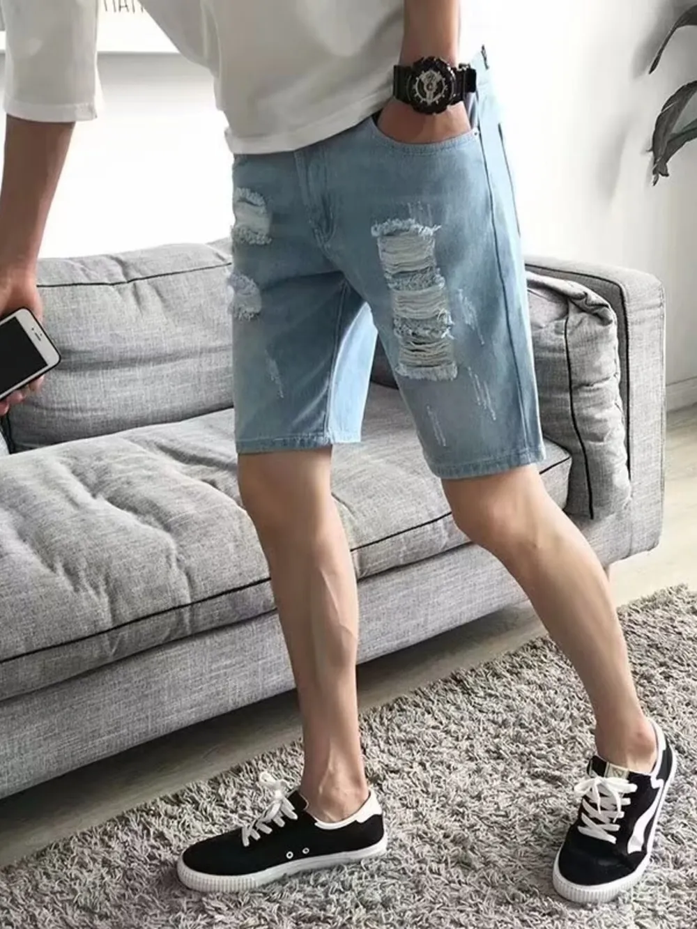 Men's Distressed Wash Denim Shorts, image 2