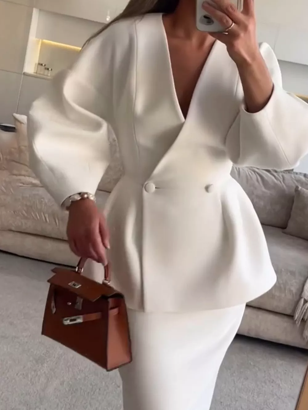 Double-Breasted Peplum Blazer and Skirt Set, image 3
