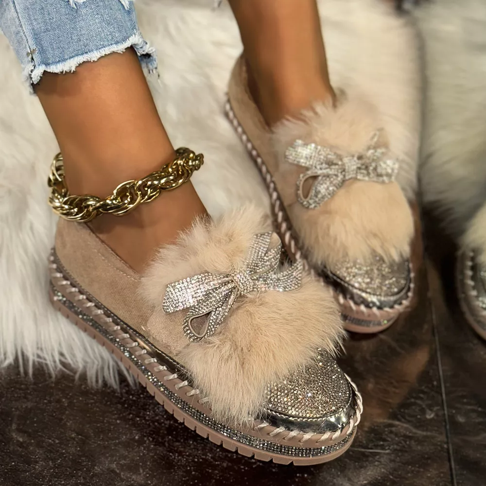 Fuzzy Bowknot Rhinestone Platform Loafers, image 5