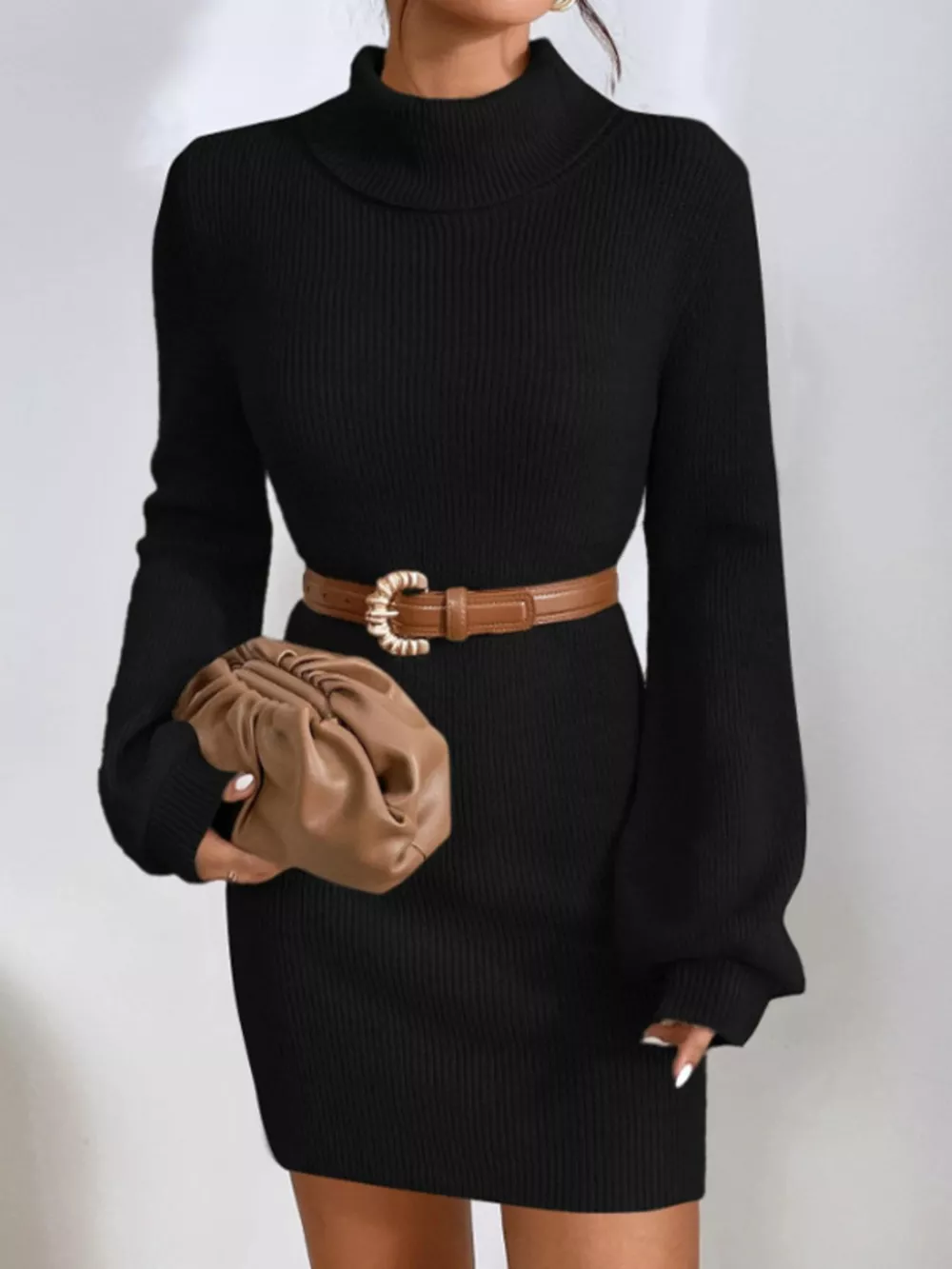 Turtleneck Ribbed Knit Sweater Dress, image 20
