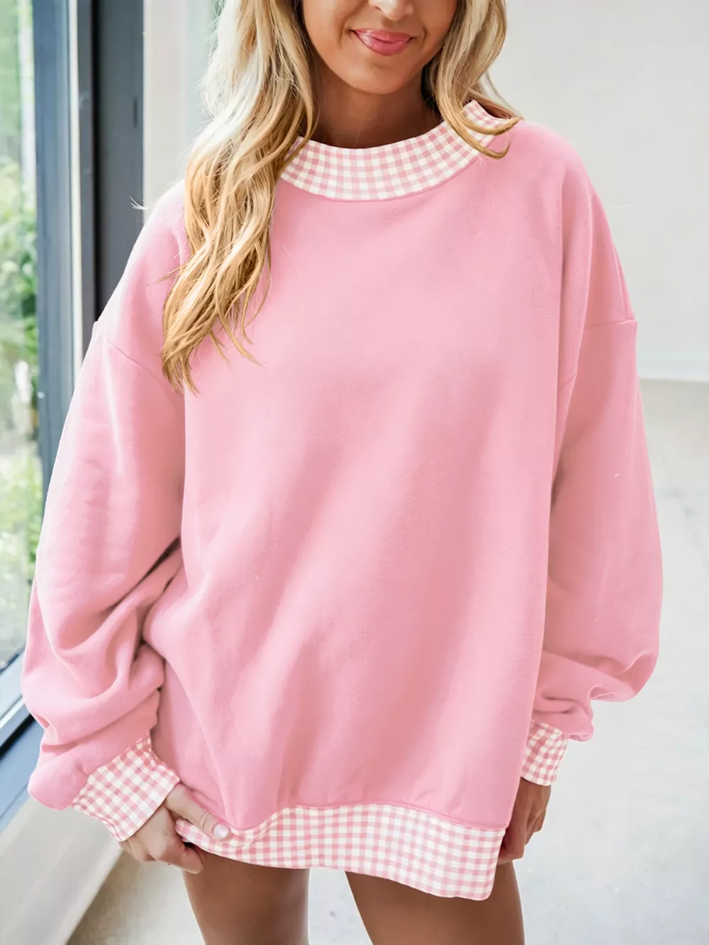 Gingham Trim Dropped Shoulder Sweatshirt, image 10