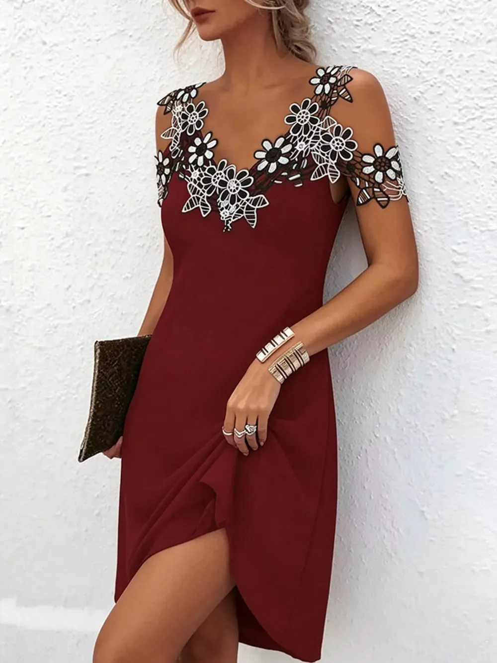 Lace Floral Trim Cold Shoulder Mini Dress, image 9