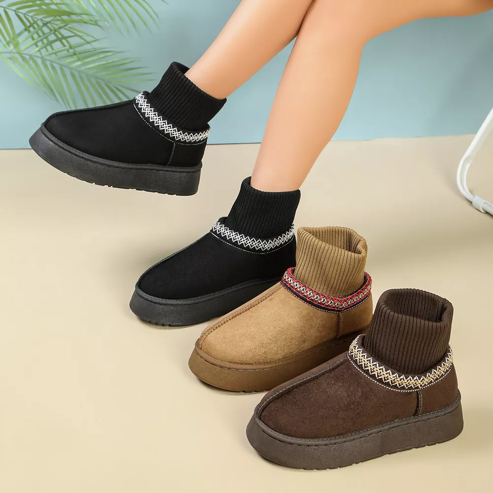 Cozy Knit-Cuff Platform Suede Boots with Decorative Trim, image 2