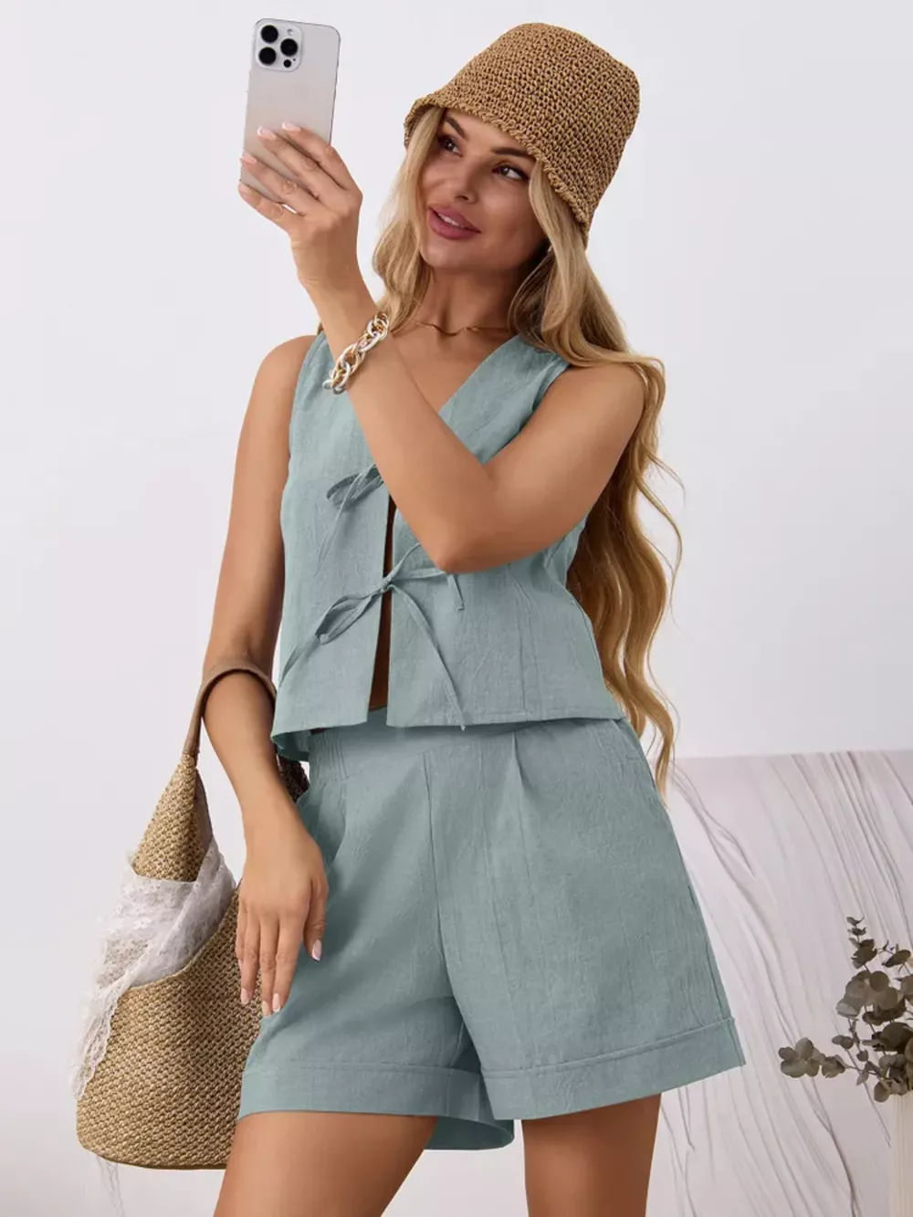 Tie-Front Sleeveless Top and Shorts Set, image 12