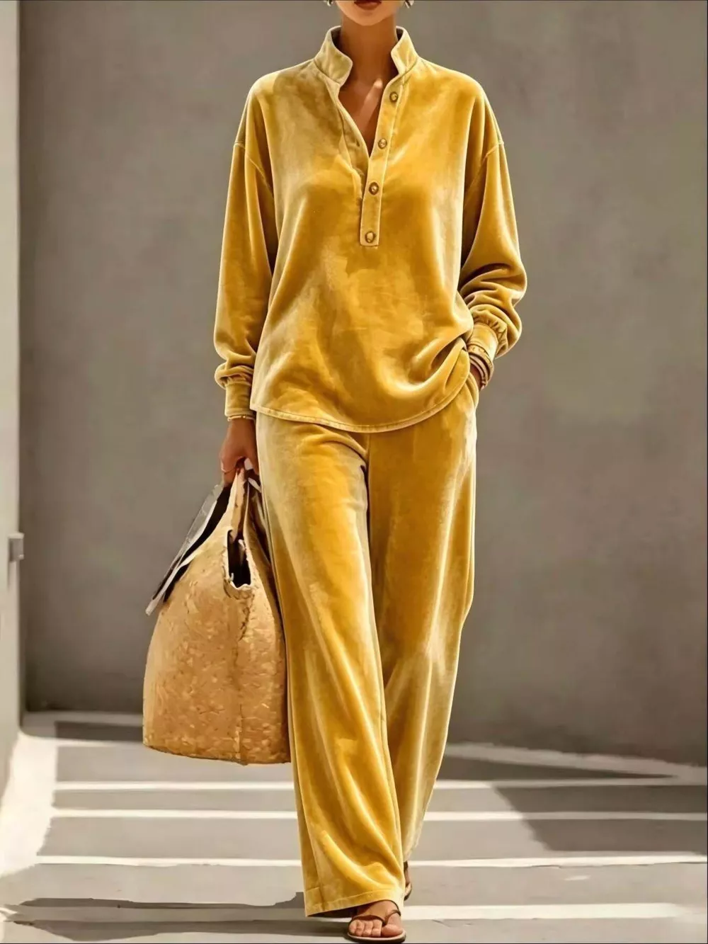 Full Size Half Button Top and Wide Leg Pants Set Plus Size, image 5