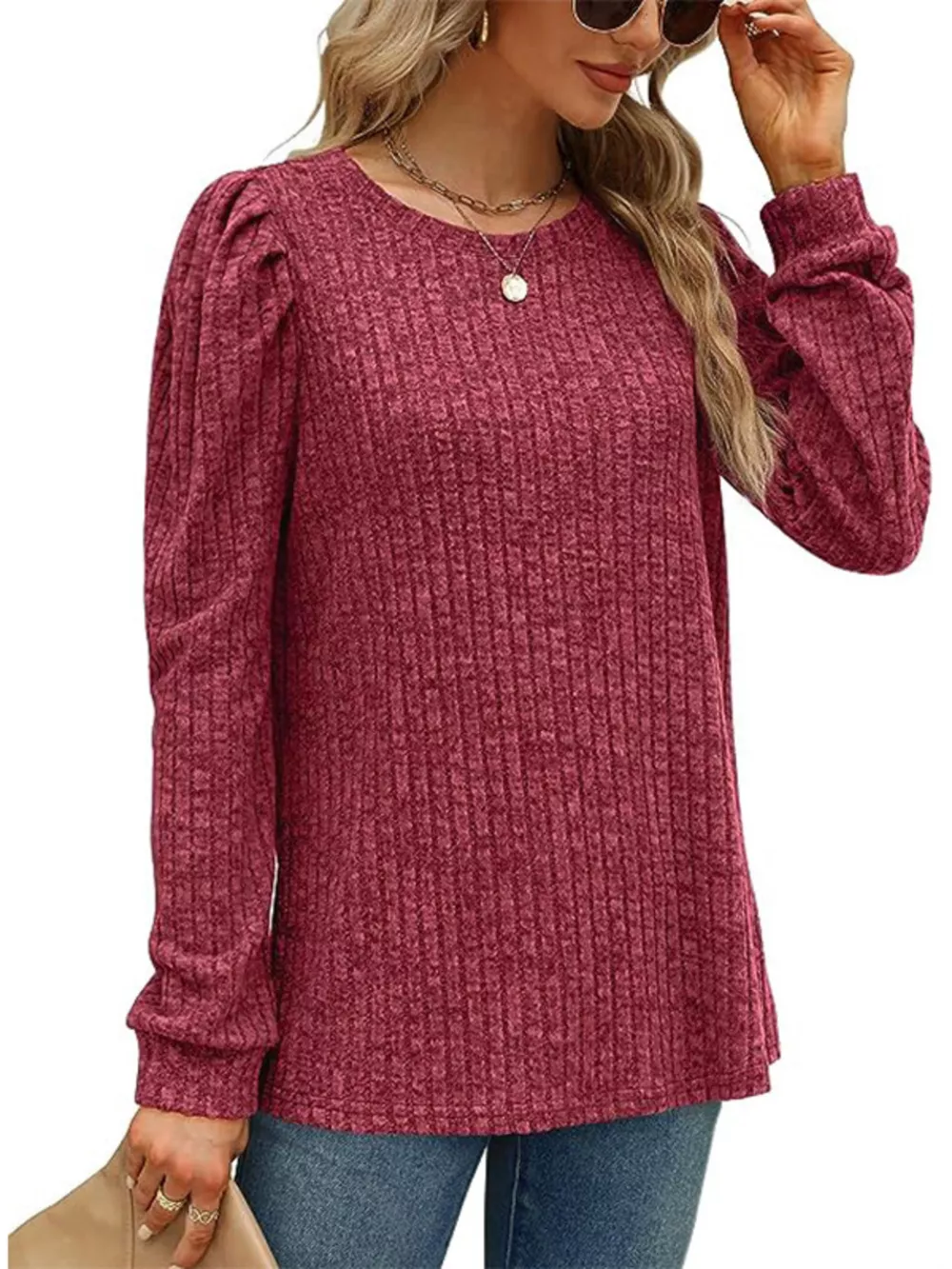Ribbed Knit Top with Puff Sleeves, image 4