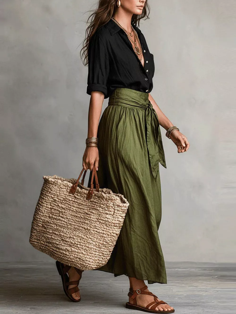 Button-Down Shirt and High-Waisted Tie-Front Maxi Skirt Set, image 2