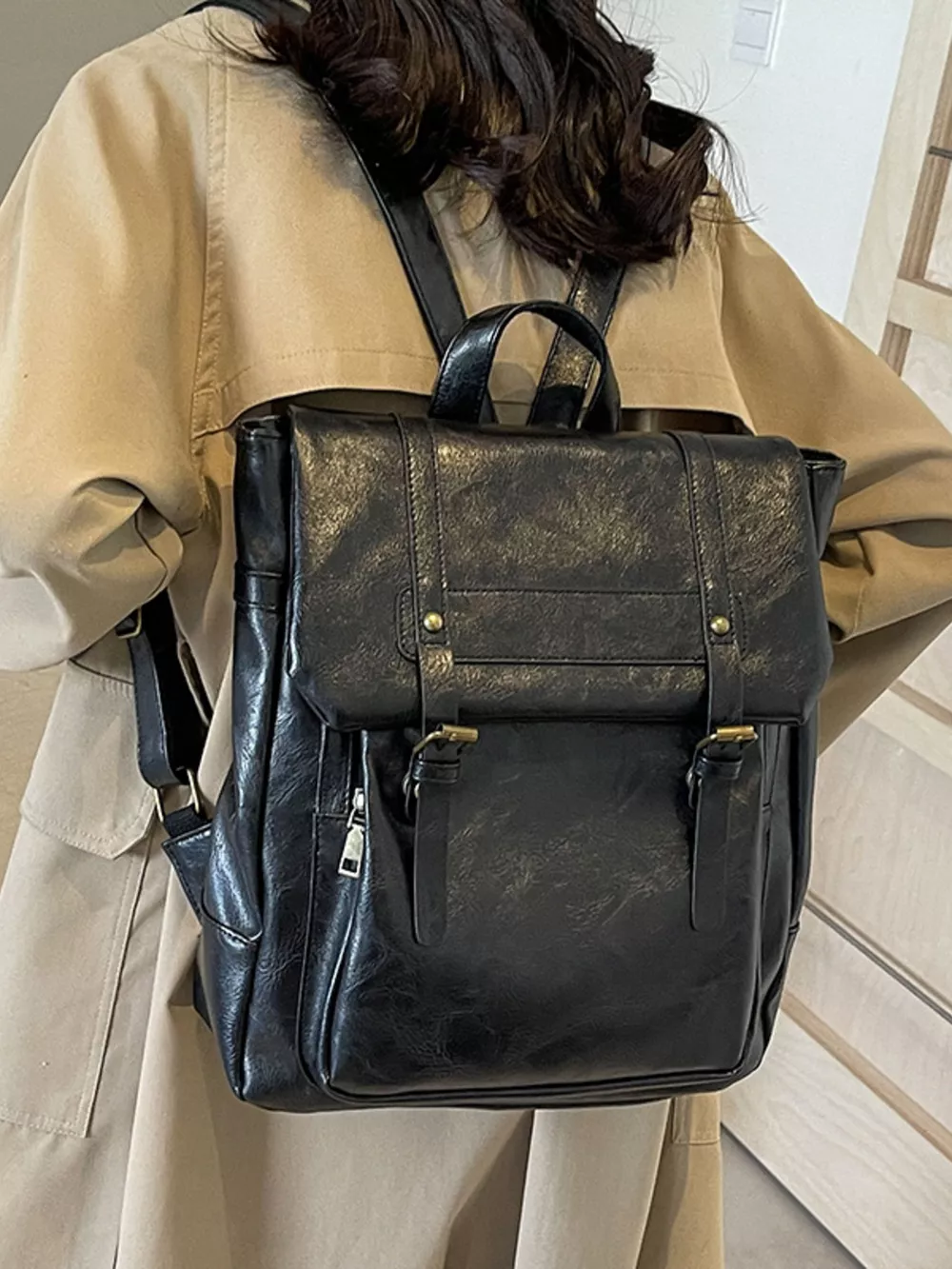 Leather Flap Backpack Bag, image 2