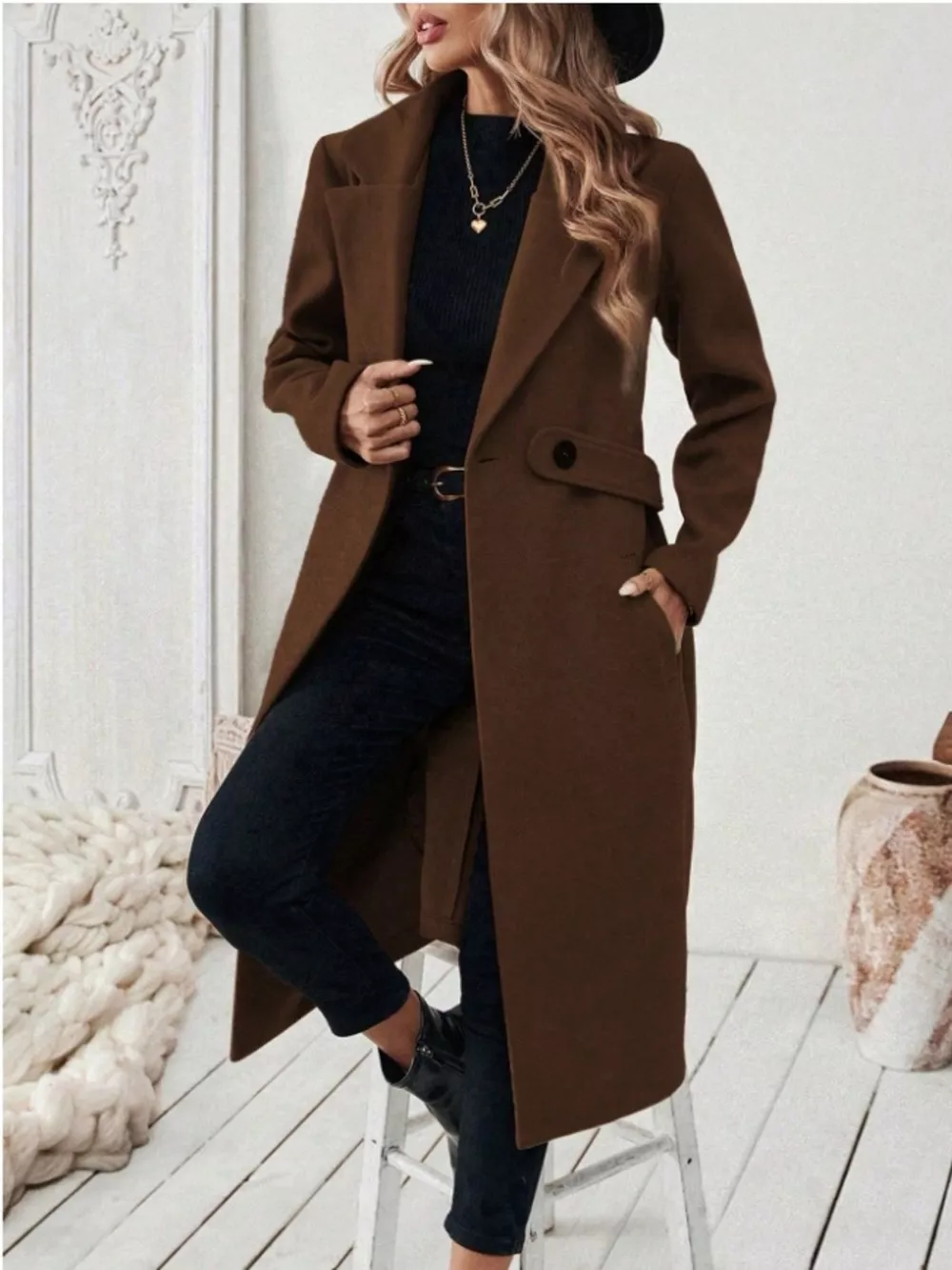 Full Size Elegant Lapel Collar Belted Coat with Pockets Plus Size, image 10
