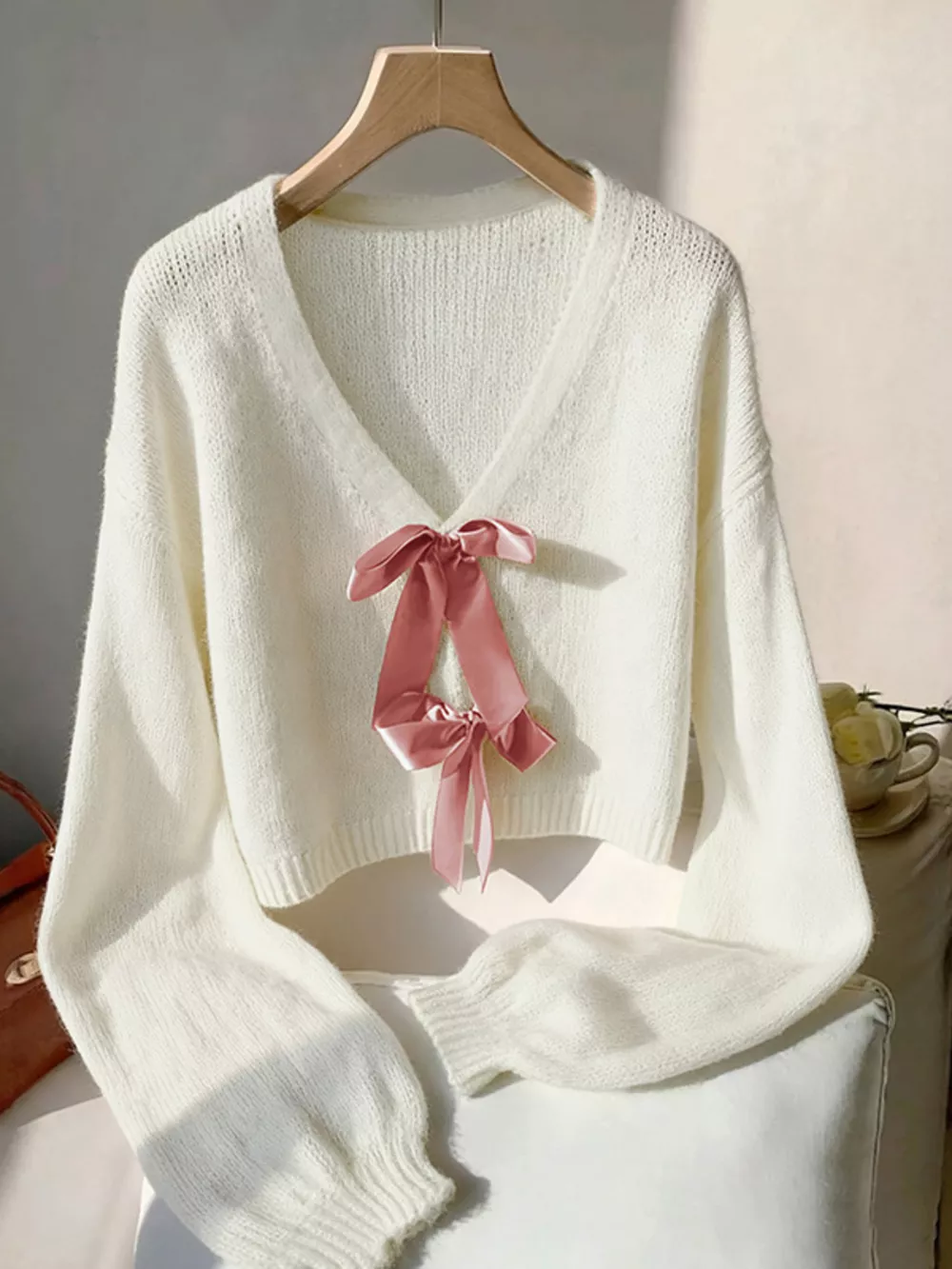 Bow-Knot Embellished V-Neck Cardigan, image 3