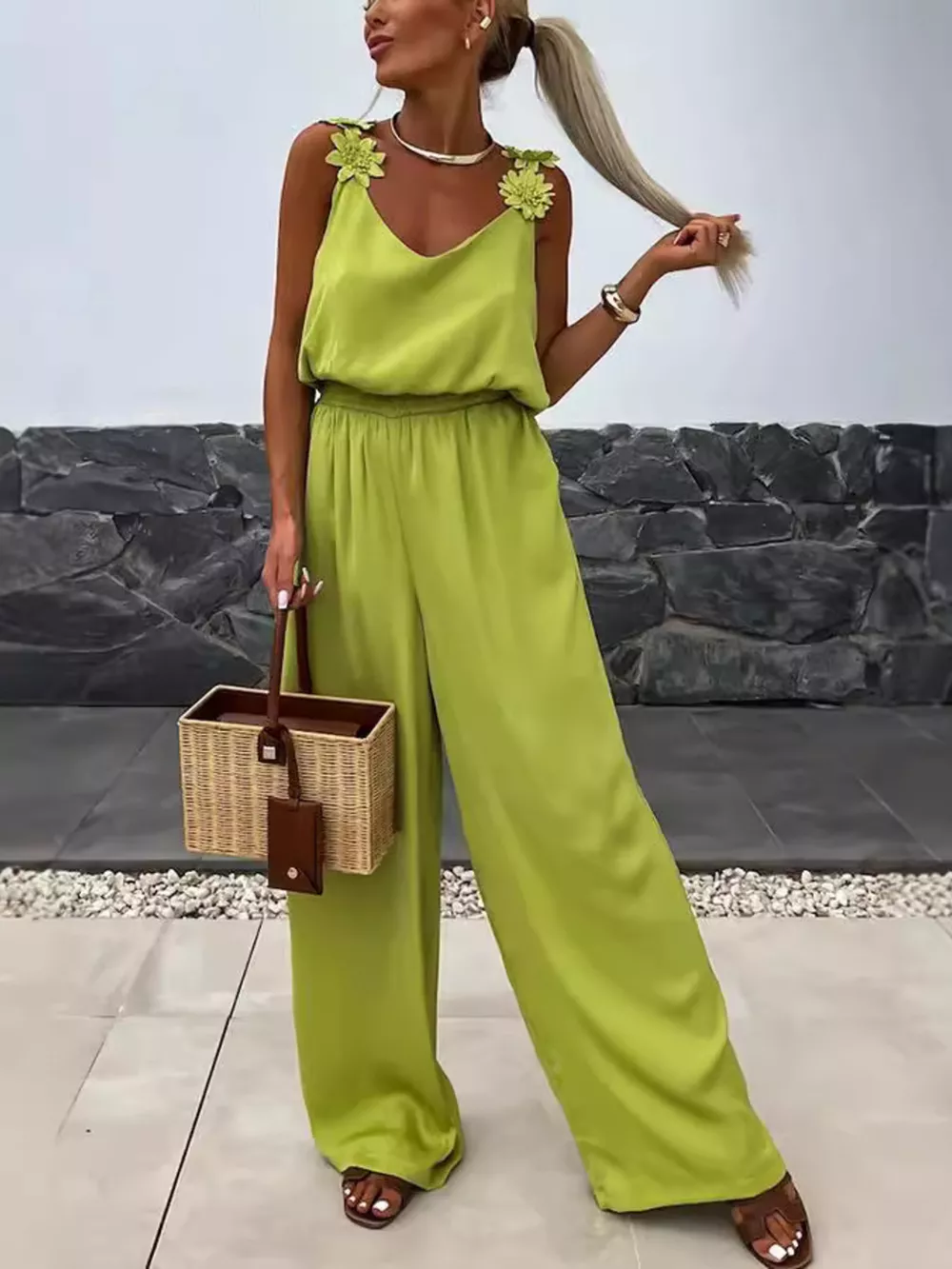 Floral Applique V-Neck Wide Leg Jumpsuit, image 10