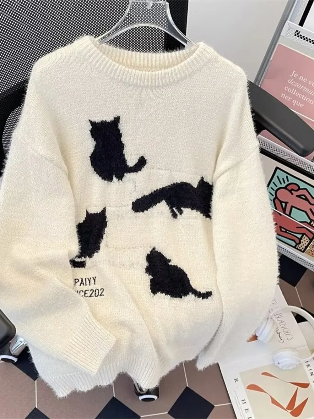 Men's Plus Size Cute Cat Pattern Knitted Pullover, image 3