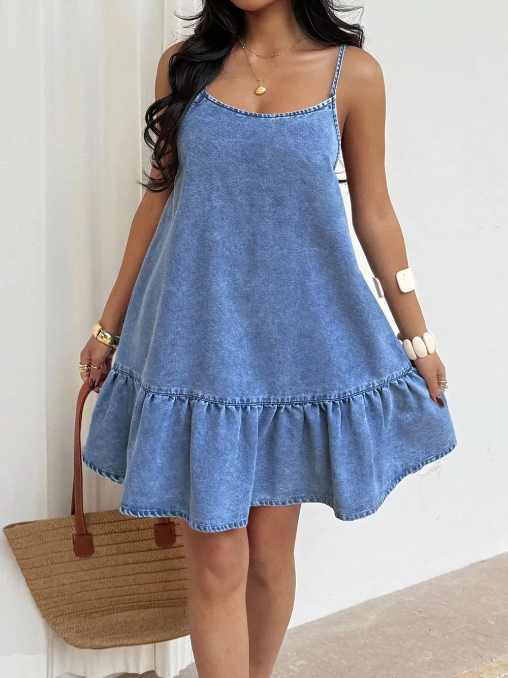 Casual Spaghetti Strap Ruffle Hem Denim Dress, image 2