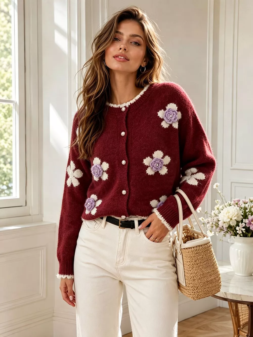 Floral Applique Button-Down Knit Cardigan, image 23