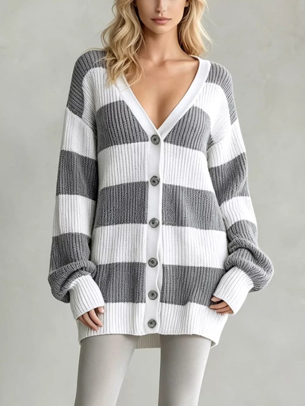 Striped V-Neck Button-Down Cardigan, image 7