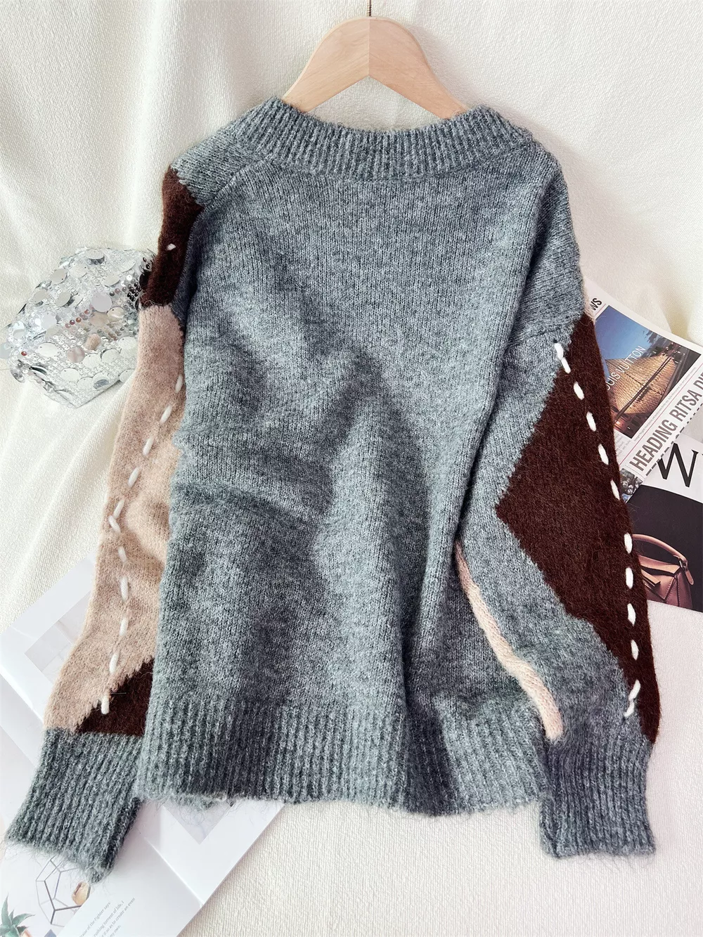 Argyle Pattern V-Neck Oversized Sweater, image 21