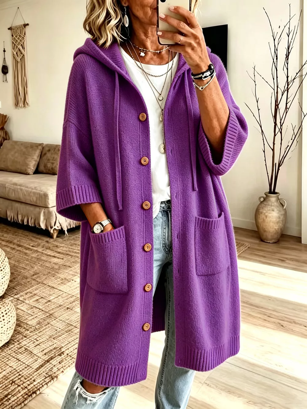 Hooded Button-Down Knit Cardigan with Pockets, image 13