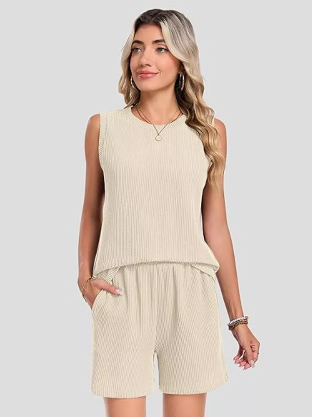 Casual Ribbed Knit Sleeveless Top and Shorts Set, image 8