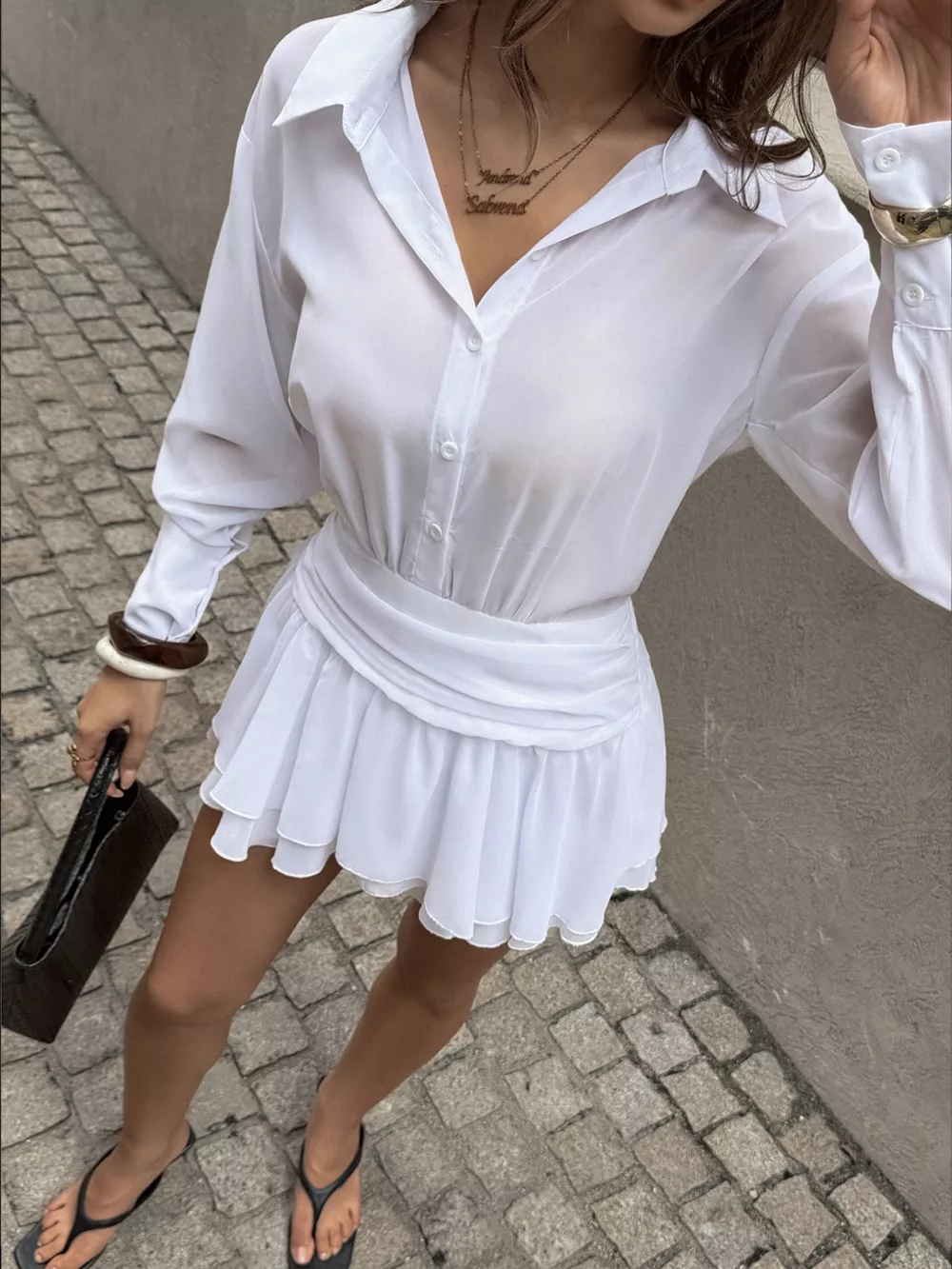 Ruched Waist Layered Ruffle Hem Shirt Dress, image 3