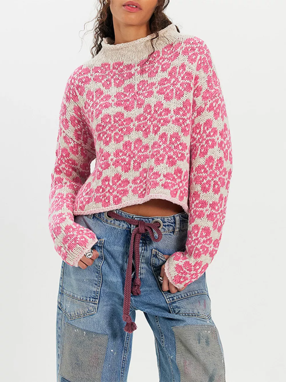 Floral Contrast Trim Dropped Shoulder Sweater, image 7