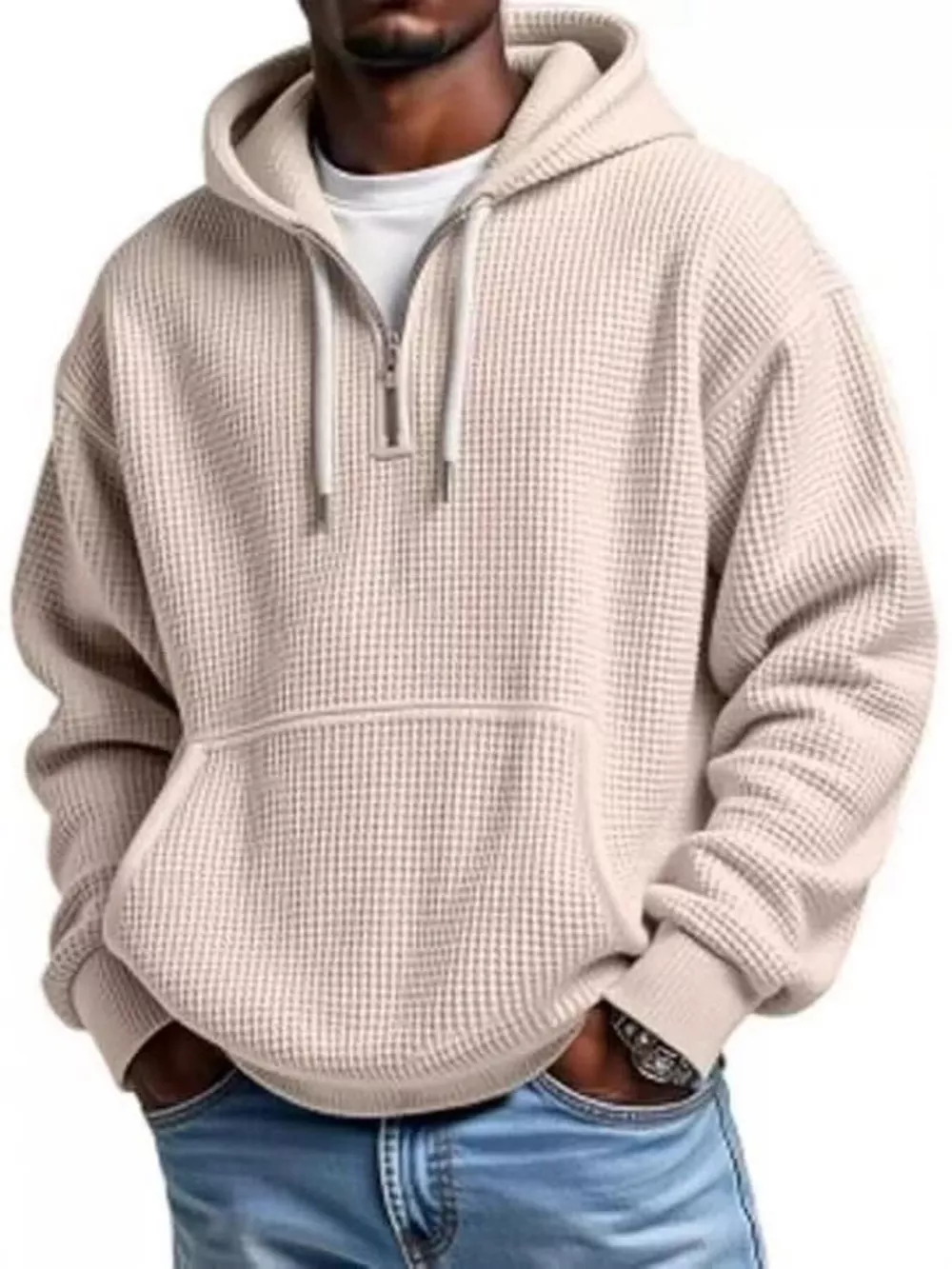 Men's Full Size Textured Waffle Knit Half-Zip Hoodie Plus Size, image 12