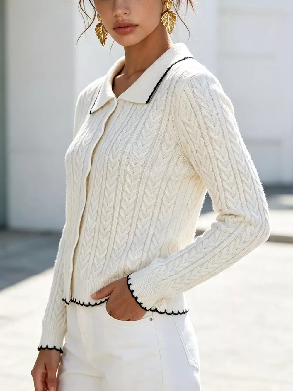 Cable Knit Polo Collar Button-Up Cardigan, image 9