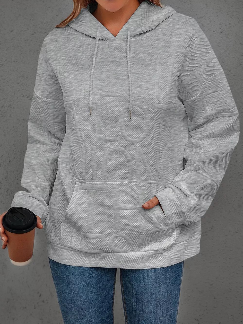 Full Size Textured Embossed Long Sleeve Hoodie Plus Size, image 9