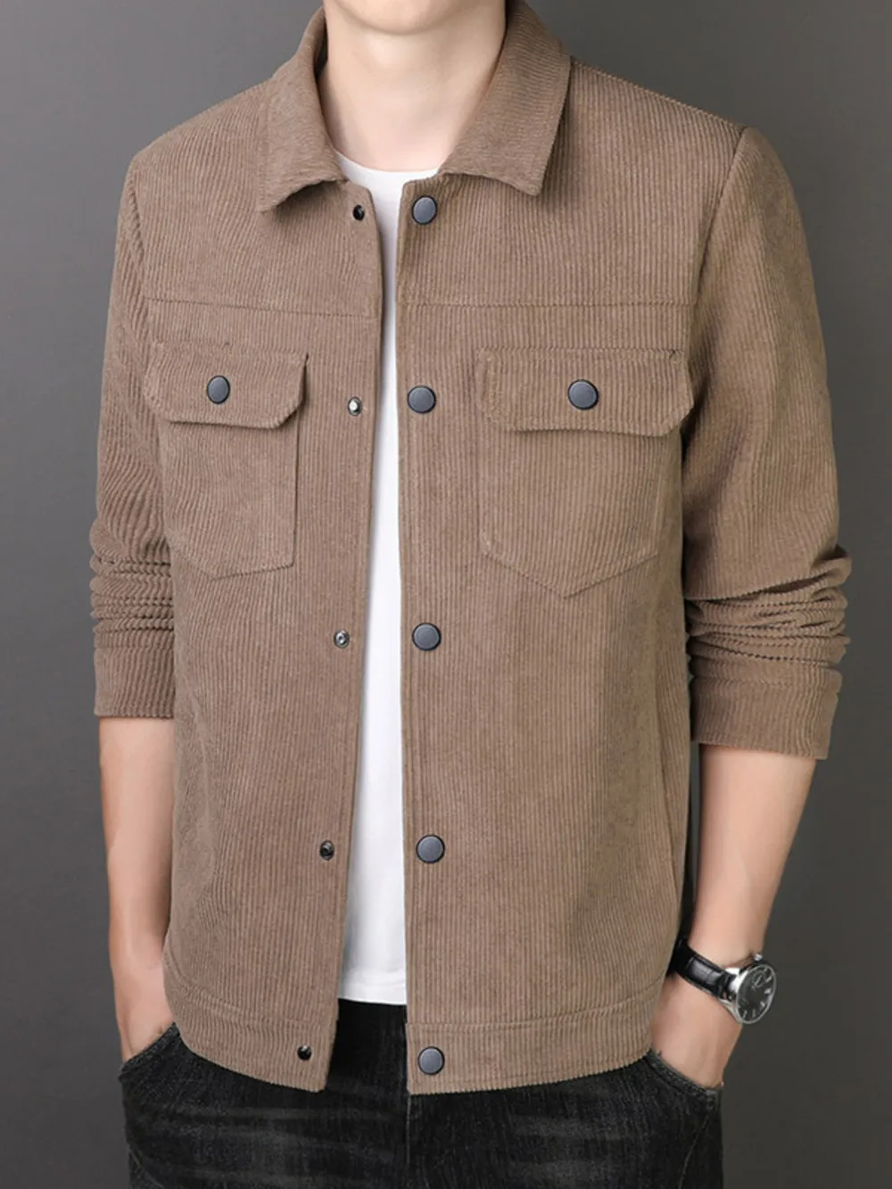 Men's Plus Size Casual Corduroy Button-Down Jacket, image 2