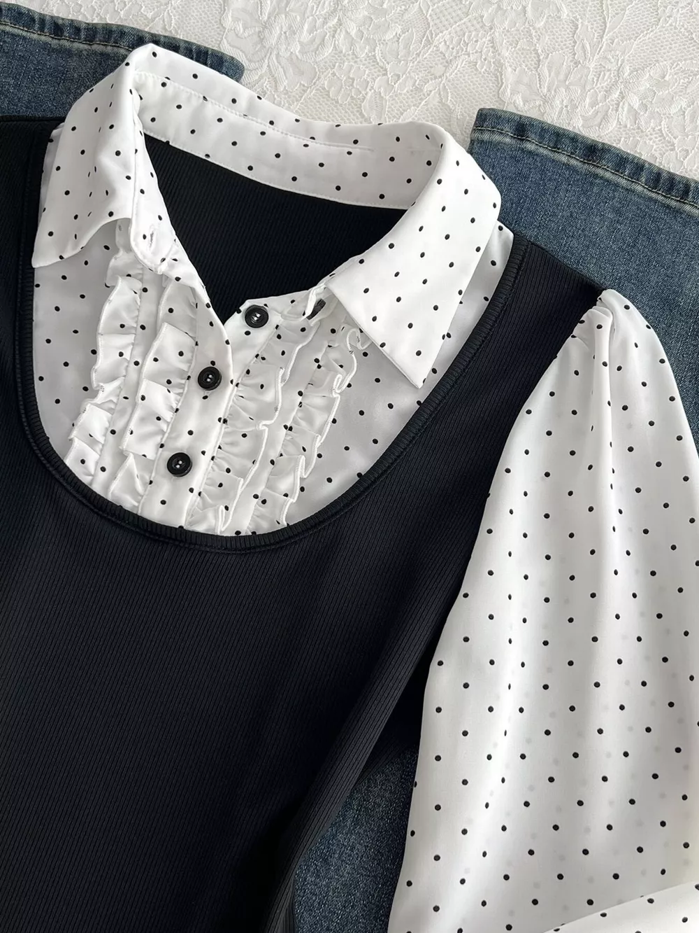 Polka Dot Flounce Sleeve Layered Look Blouse, image 5
