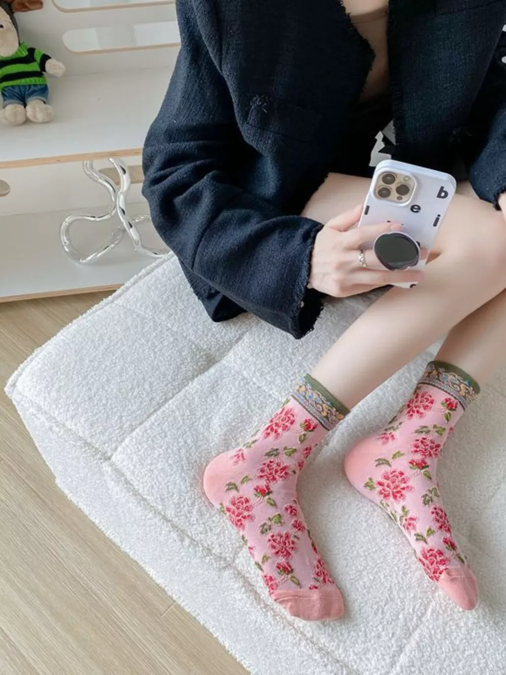 Floral Ankle Socks with Contrast Trim