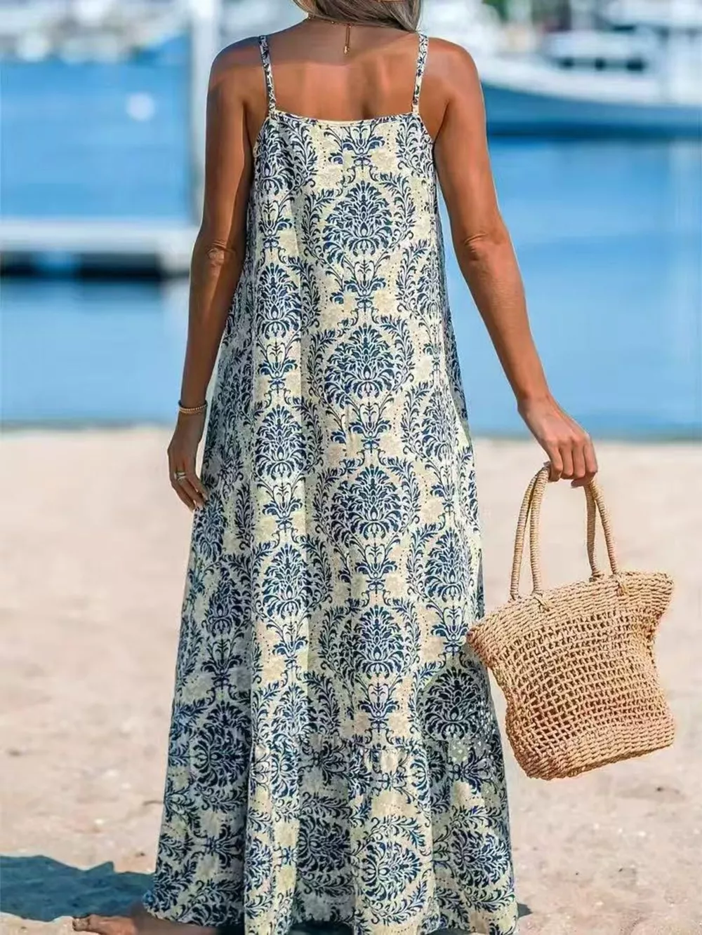 Plus Size Bohemian Spaghetti Strap Damask Print Maxi Beach Dress, image 4