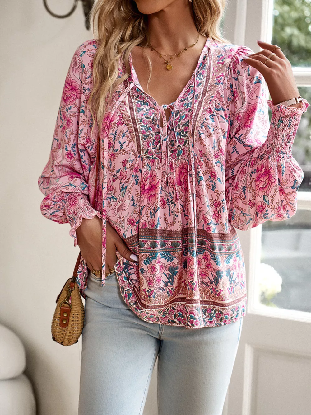 Floral Print Tie-Neck Blouse with Smocked Cuffs, image 6
