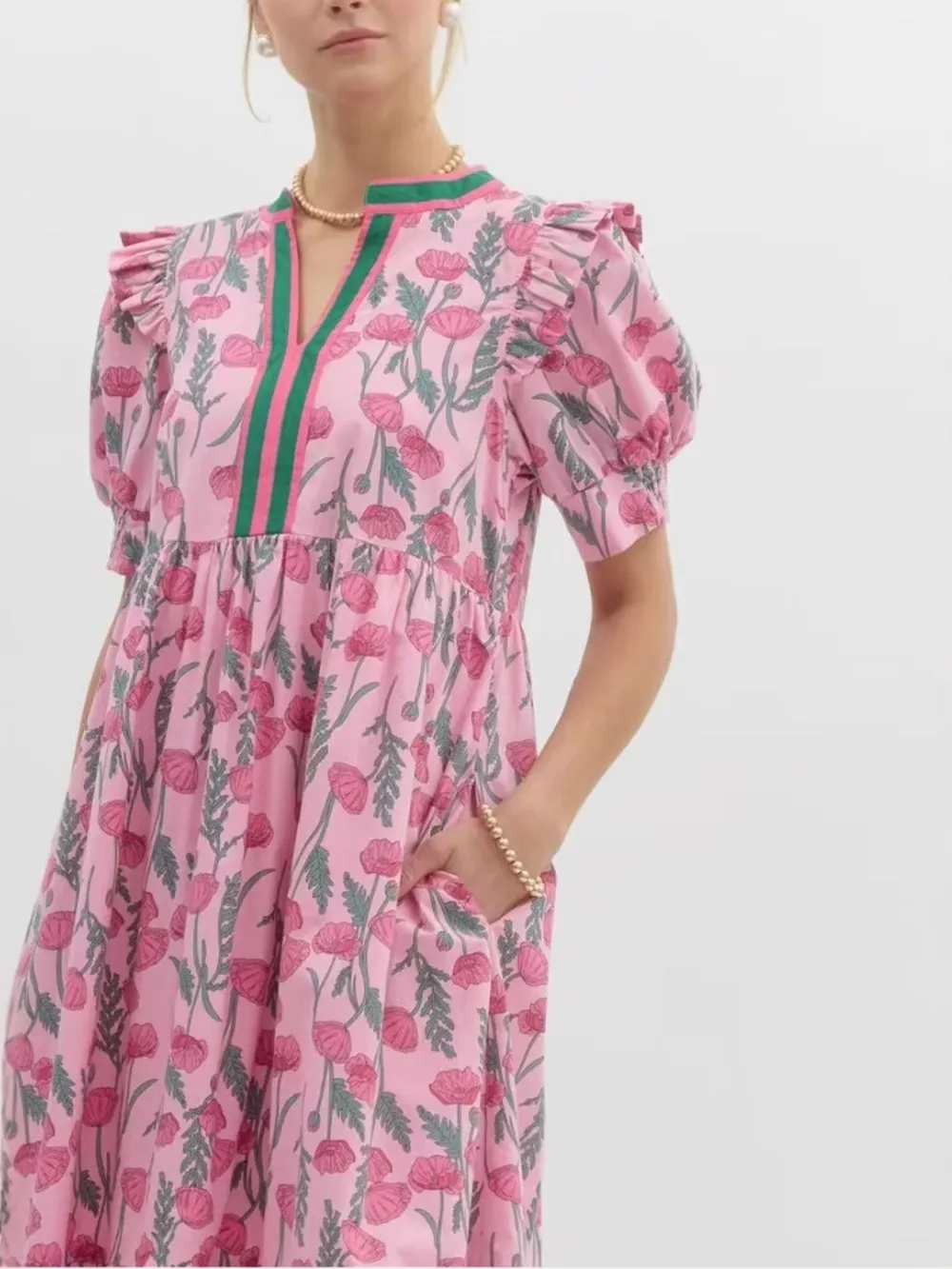 Floral Puff Sleeve Midi Dress with Contrast Trim, image 4