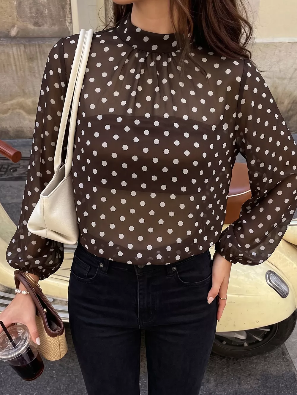 Polka Dot Mock Neck Long Sleeve Blouse, image 8