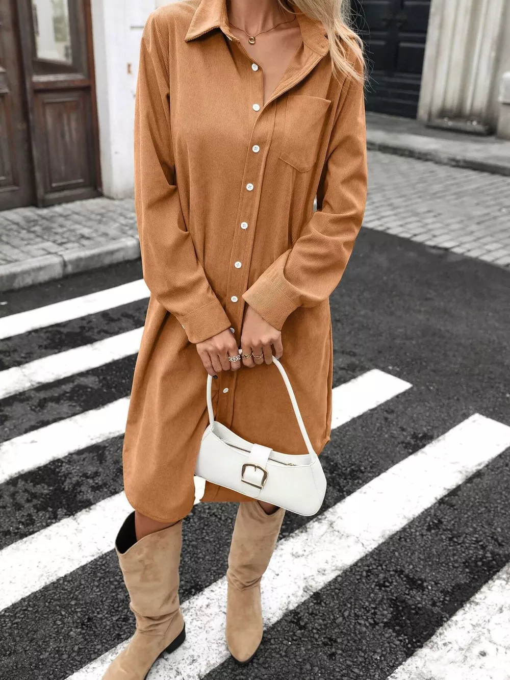 Corduroy Shirt Dress with Button-Down Front, image 2