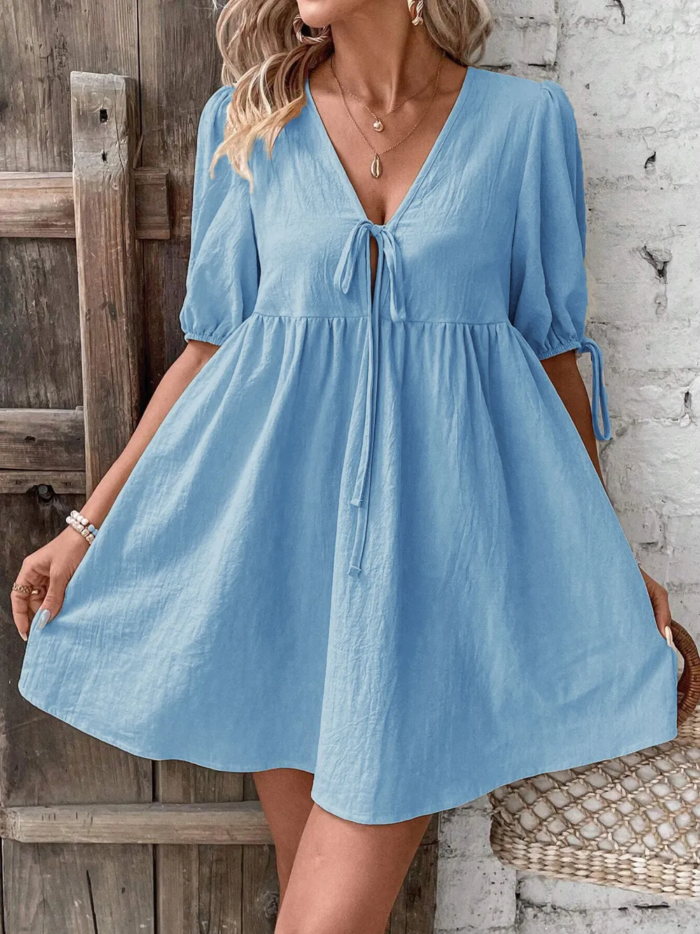 V-Neck Tie-Front Mini Dress with Puff Sleeves, image 14