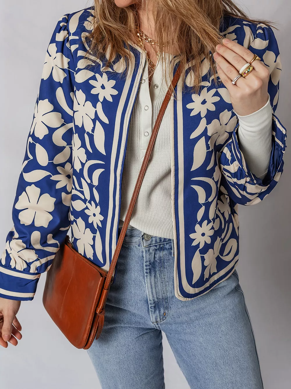 Flower Print Open Front Buttoned Cuffs Elegant Jacket, image 5