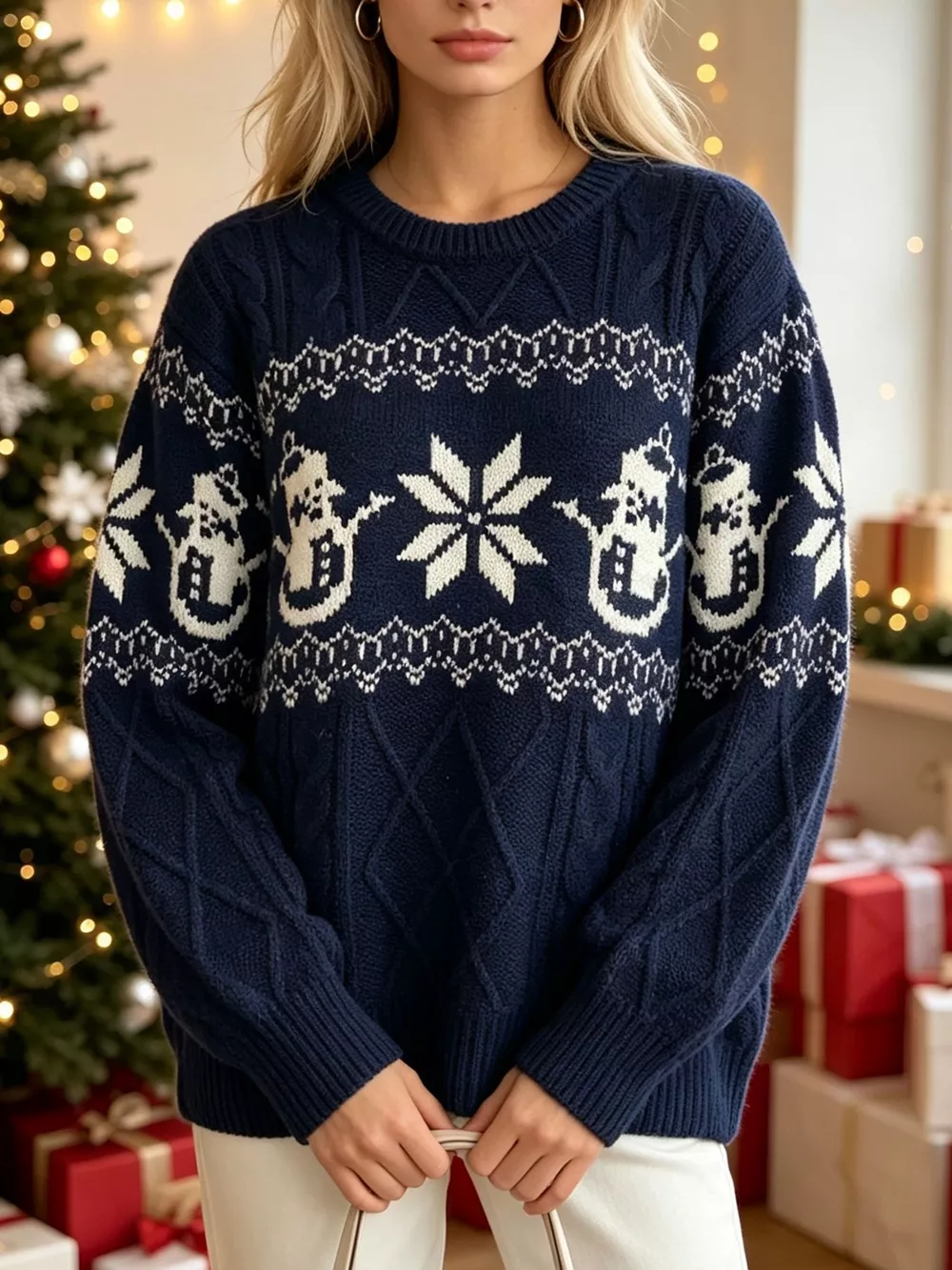 Christmas Snowman Pattern Cable Knit Sweater, image 9