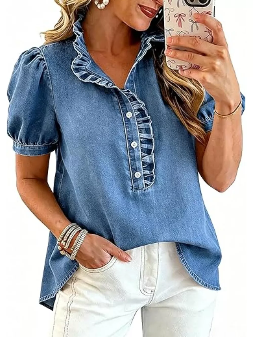 Frill Puff Sleeve Denim Top, image 2
