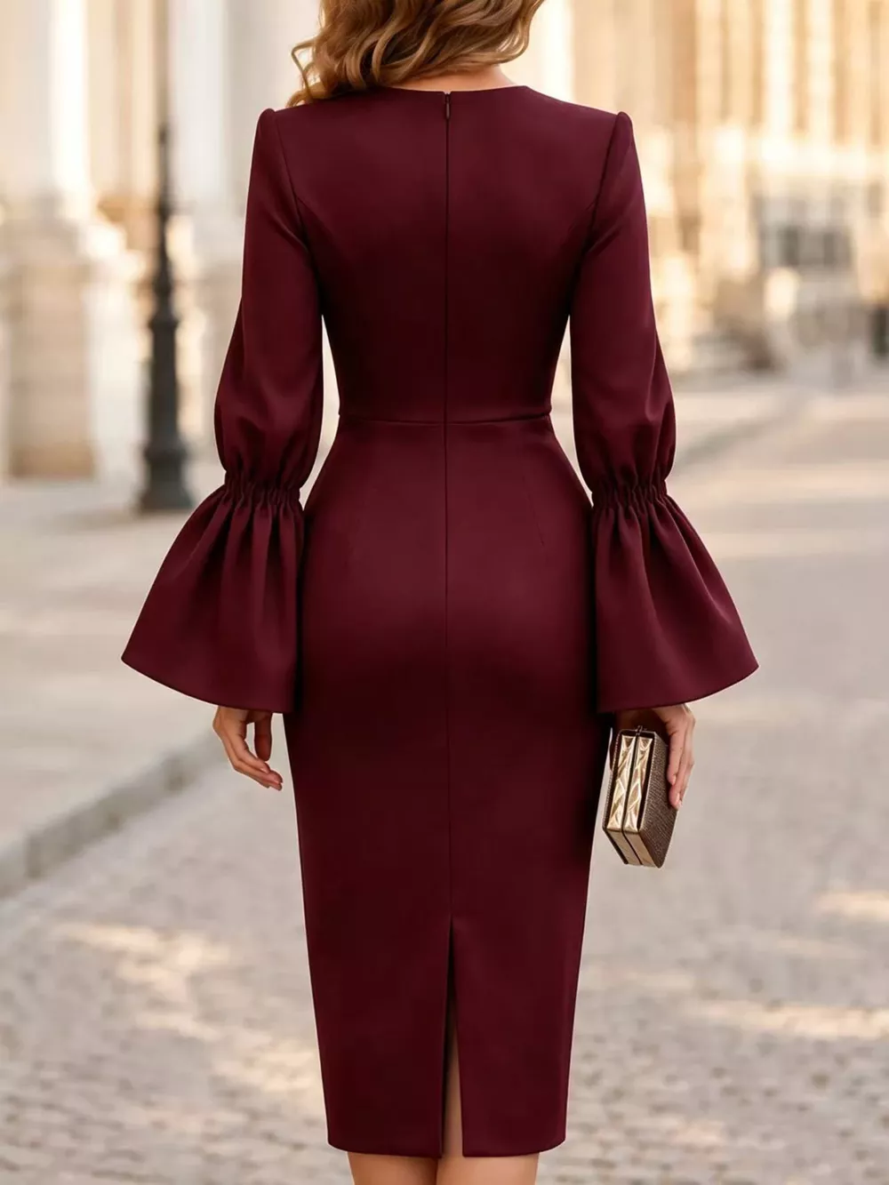Slit Round Neck Flare Sleeve Dress, image 6