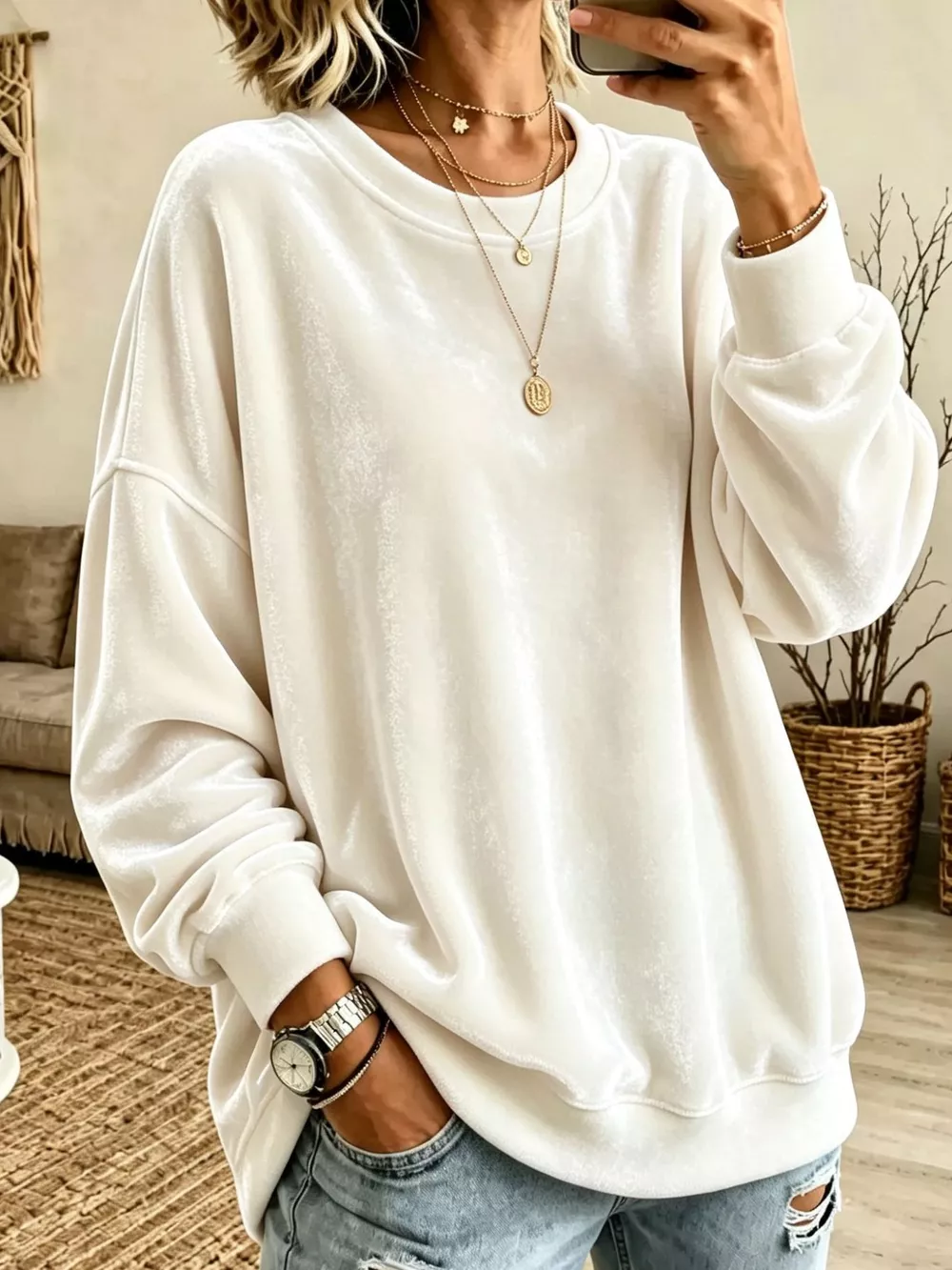 Full Size Loose Fit Velvet Dropped Shoulder Sweatshirt Plus Size, image 7