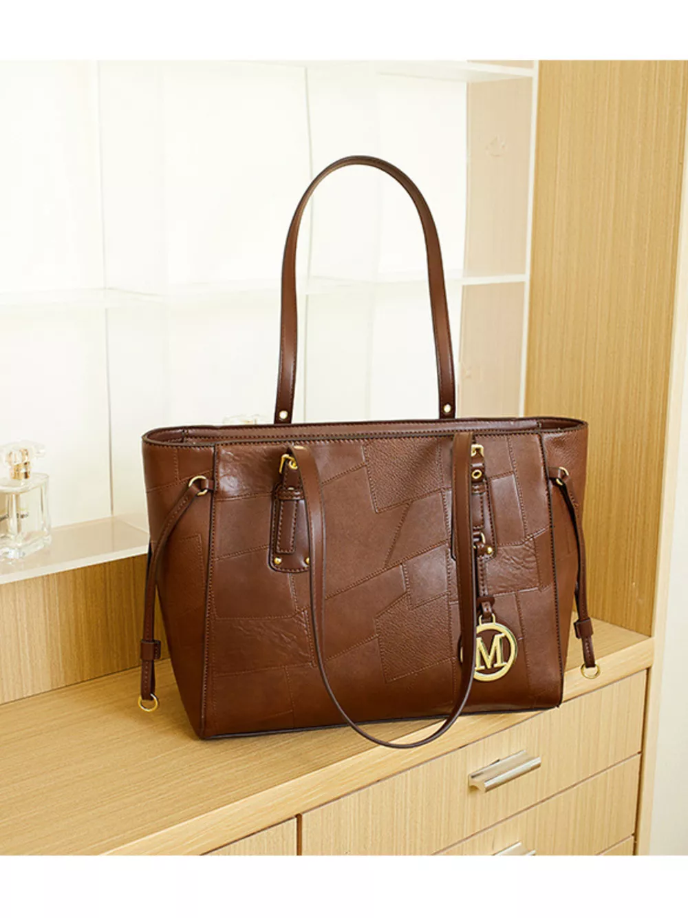 Patchwork Leather Tote Bag with Gold Logo Charm, image 9
