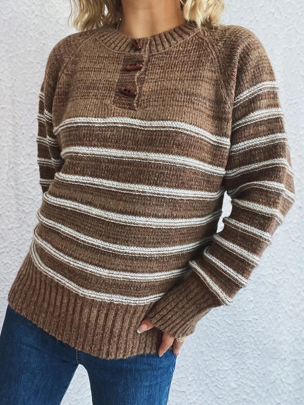 Striped Button Detail Long Sleeve Sweater, image 8