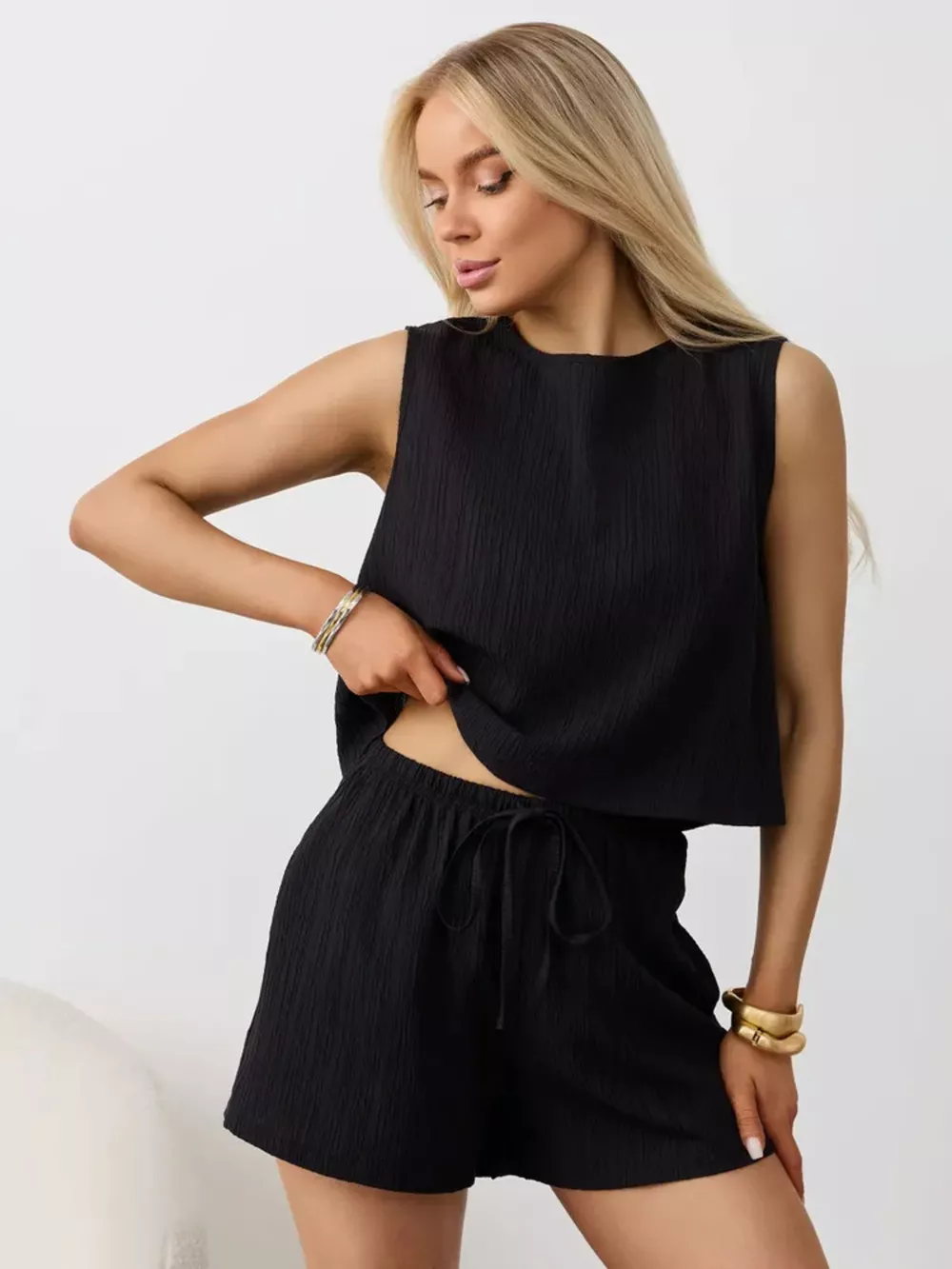 Textured Round Neck Tank and Shorts Set, image 15