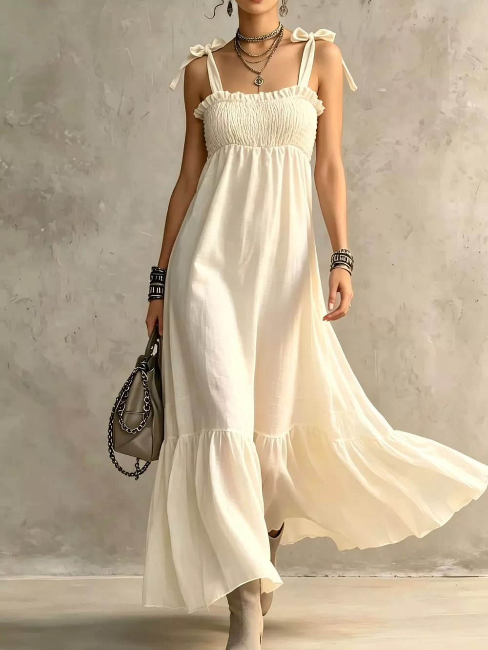 Smocked Tie-Shoulder Maxi Dress