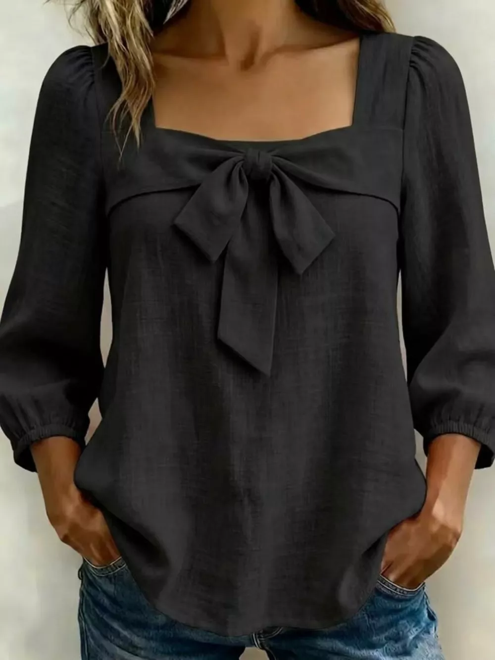 Full Size Bow Front Square Neck Blouse Plus Size, image 5